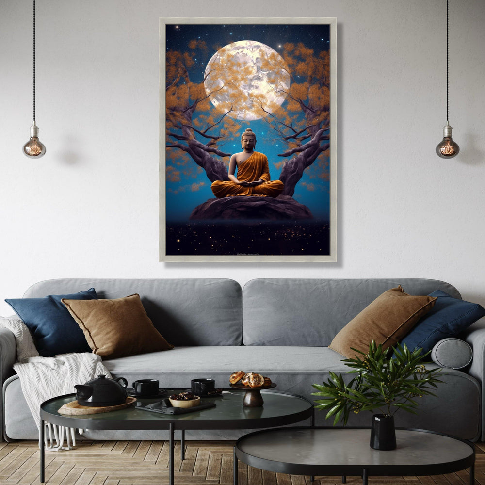 Meditating Buddha Canvas Wall Art, Full Moon Night, Spiritual Serenity Decor, Zen Tree Landscape, Tranquil Home Gift Art, Home Decor, Print