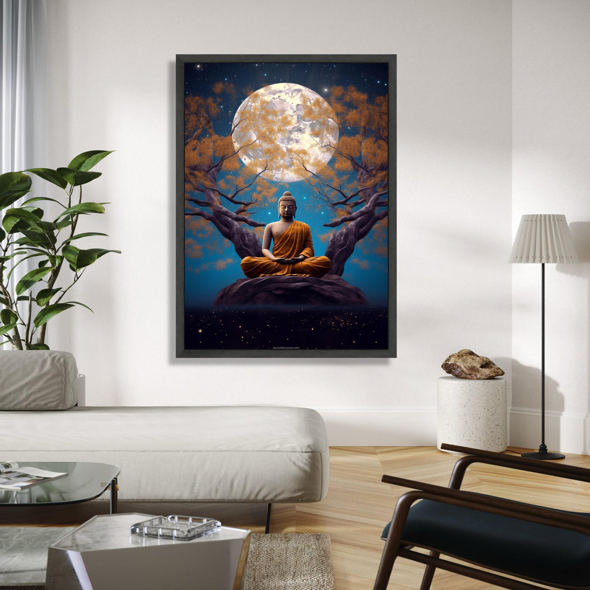 Meditating Buddha Canvas Wall Art, Full Moon Night, Spiritual Serenity Decor, Zen Tree Landscape, Tranquil Home Gift Art, Home Decor, Print