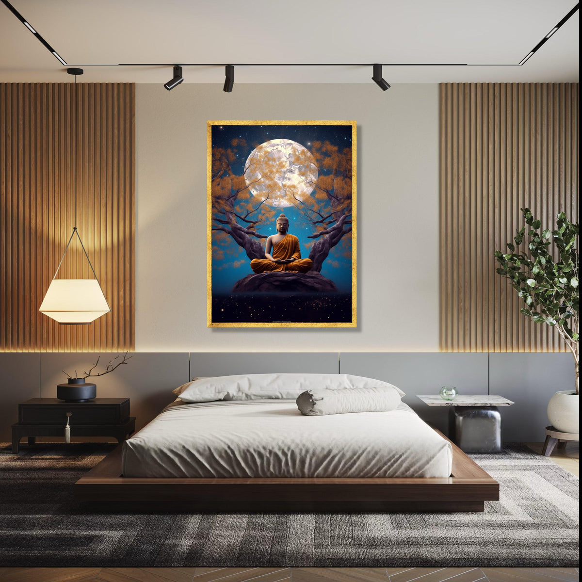 Meditating Buddha Canvas Wall Art, Full Moon Night, Spiritual Serenity Decor, Zen Tree Landscape, Tranquil Home Gift Art, Home Decor, Print