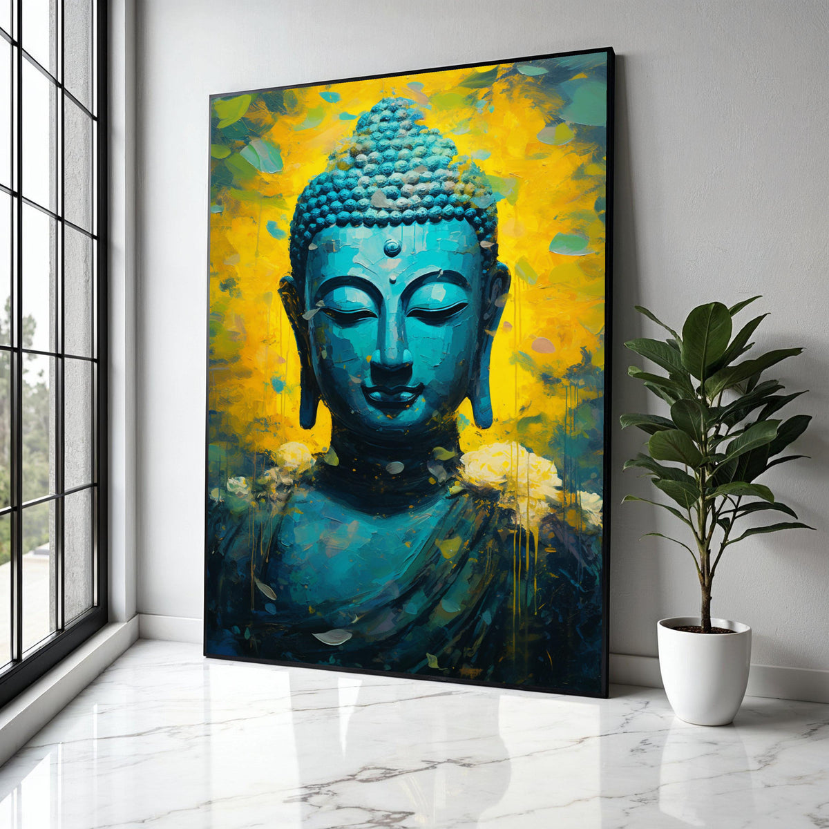 Tranquil Blue Buddha Canvas, Spiritual Meditation Wall Art, Abstract Zen Decor, Vibrant Yellow Background Gift Art, Home Decor, Print