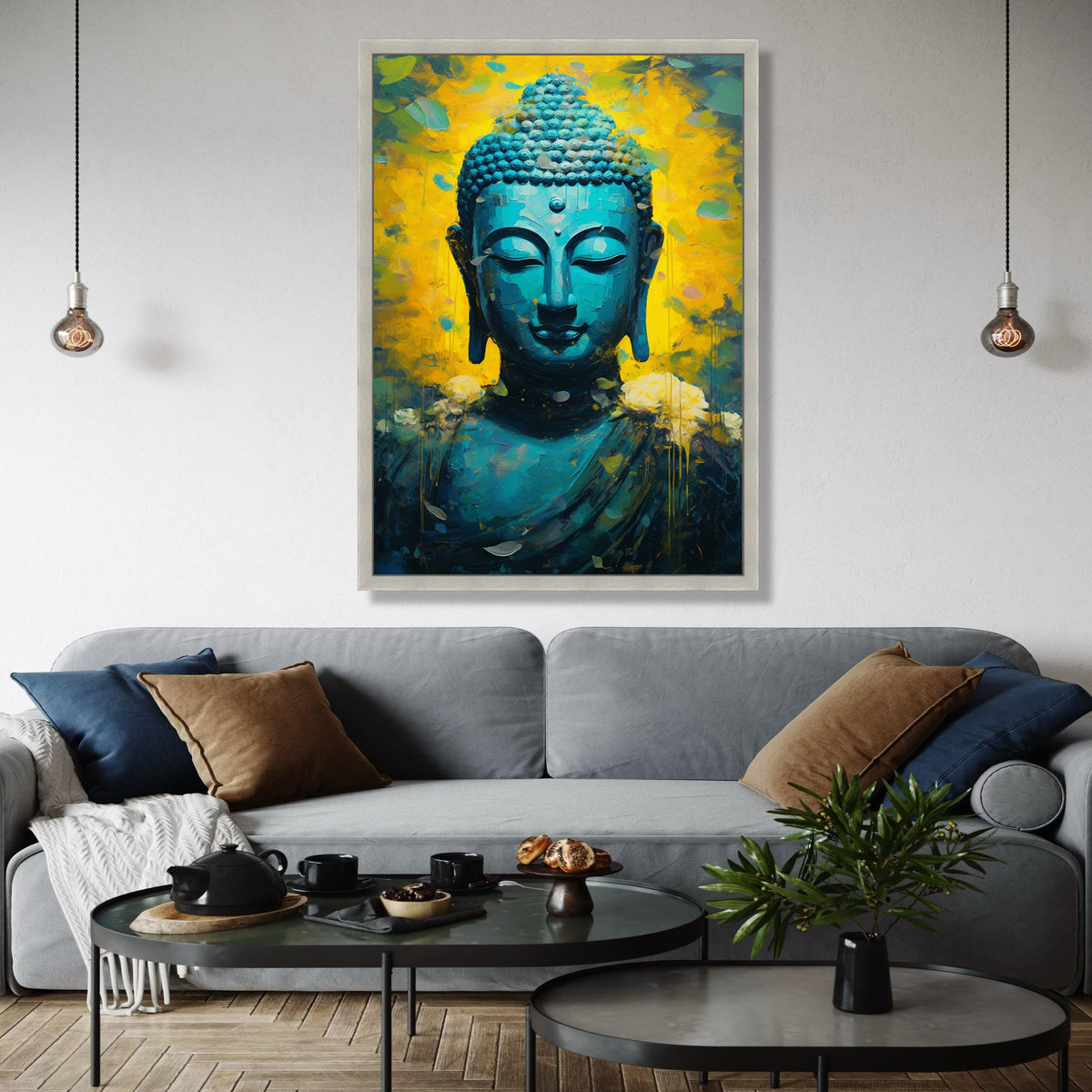 Tranquil Blue Buddha Canvas, Spiritual Meditation Wall Art, Abstract Zen Decor, Vibrant Yellow Background Gift Art, Home Decor, Print