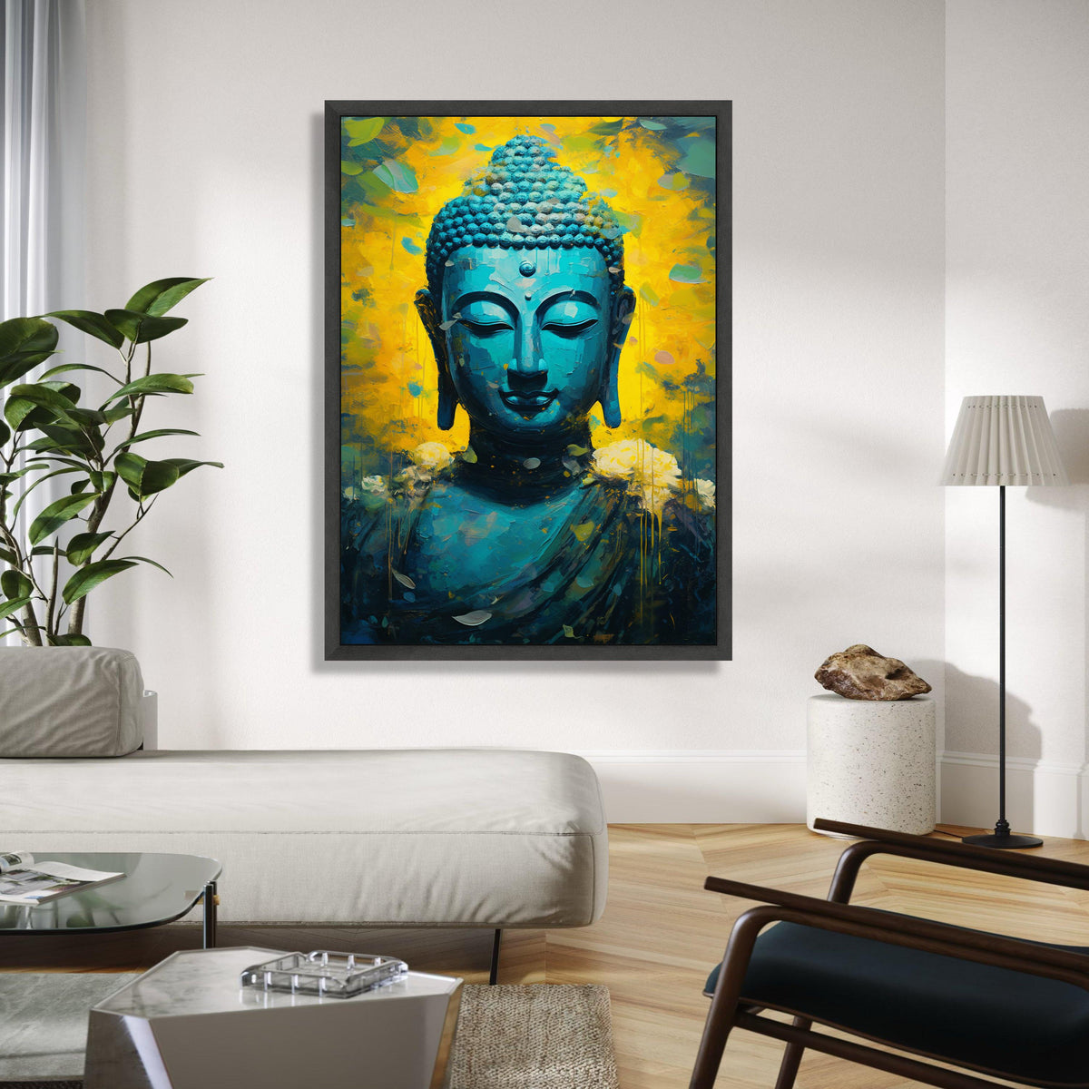 Tranquil Blue Buddha Canvas, Spiritual Meditation Wall Art, Abstract Zen Decor, Vibrant Yellow Background Gift Art, Home Decor, Print
