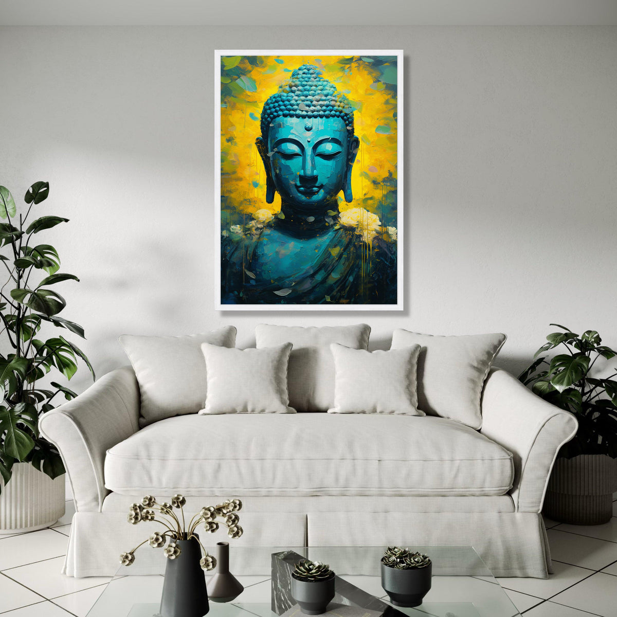 Tranquil Blue Buddha Canvas, Spiritual Meditation Wall Art, Abstract Zen Decor, Vibrant Yellow Background Gift Art, Home Decor, Print
