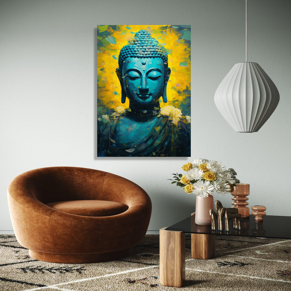 Tranquil Blue Buddha Canvas, Spiritual Meditation Wall Art, Abstract Zen Decor, Vibrant Yellow Background Gift Art, Home Decor, Print