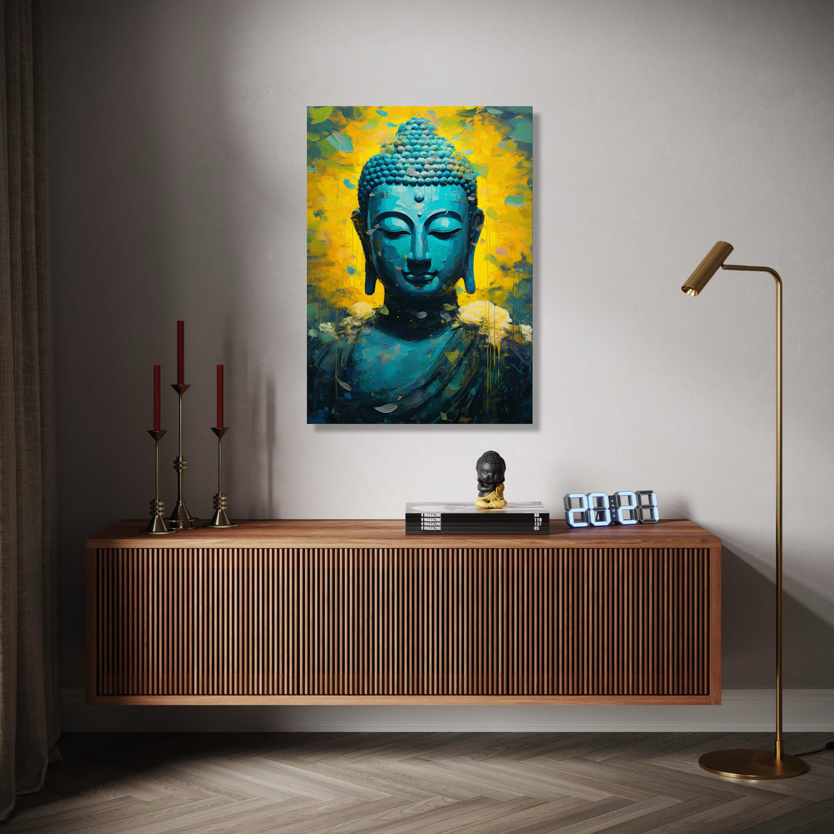 Tranquil Blue Buddha Canvas, Spiritual Meditation Wall Art, Abstract Zen Decor, Vibrant Yellow Background Gift Art, Home Decor, Print