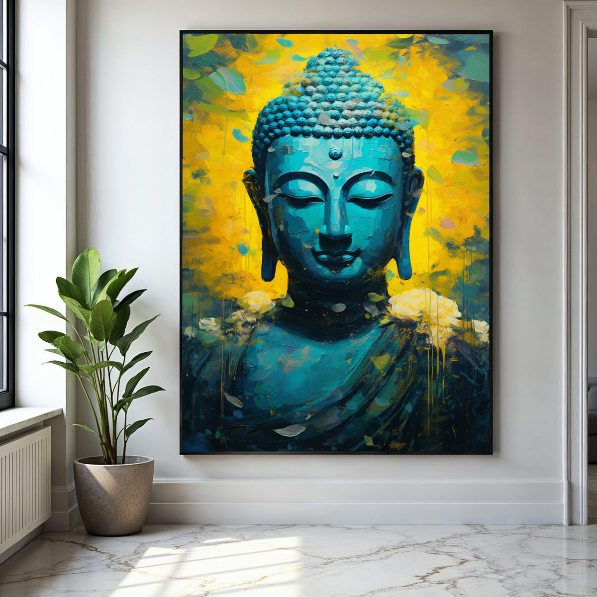 Tranquil Blue Buddha Canvas, Spiritual Meditation Wall Art, Abstract Zen Decor, Vibrant Yellow Background Gift Art, Home Decor, Print