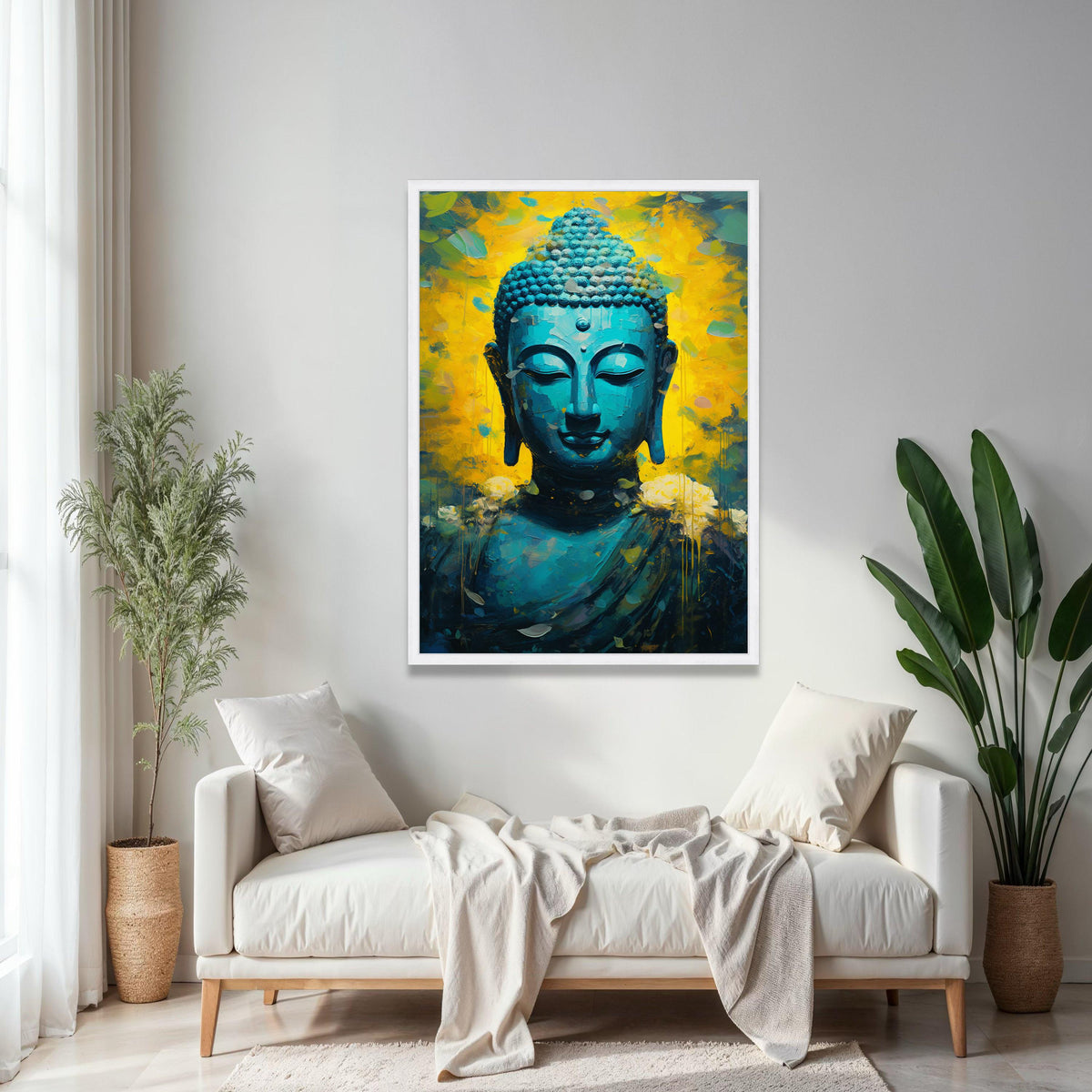 Tranquil Blue Buddha Canvas, Spiritual Meditation Wall Art, Abstract Zen Decor, Vibrant Yellow Background Gift Art, Home Decor, Print