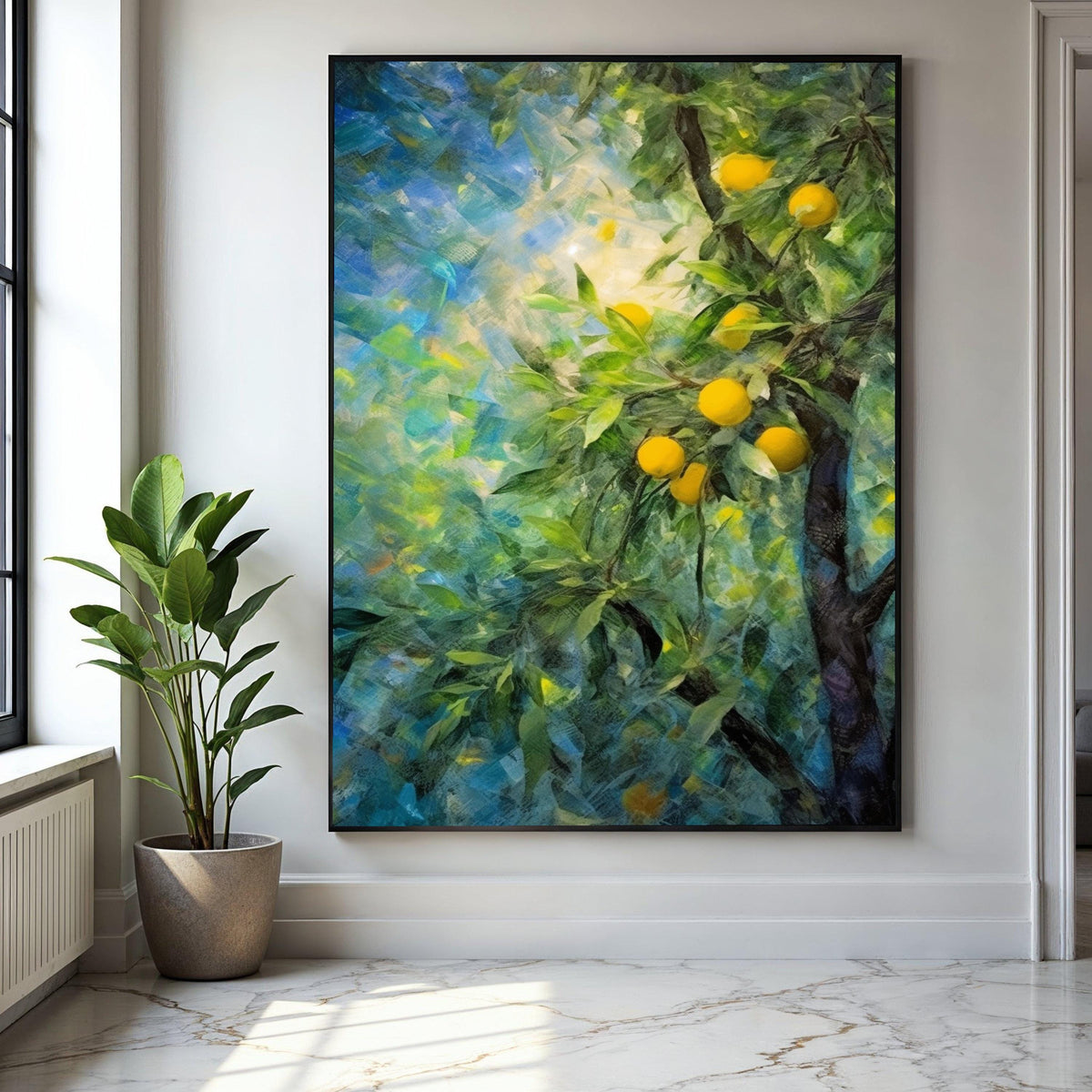Sunlit Lemon Tree Branch Canvas, Bright Yellow Fruit Wall Art, Nature Inspired Home Decor, Vibrant Garden Scene Gift Art, Home Decor, Print