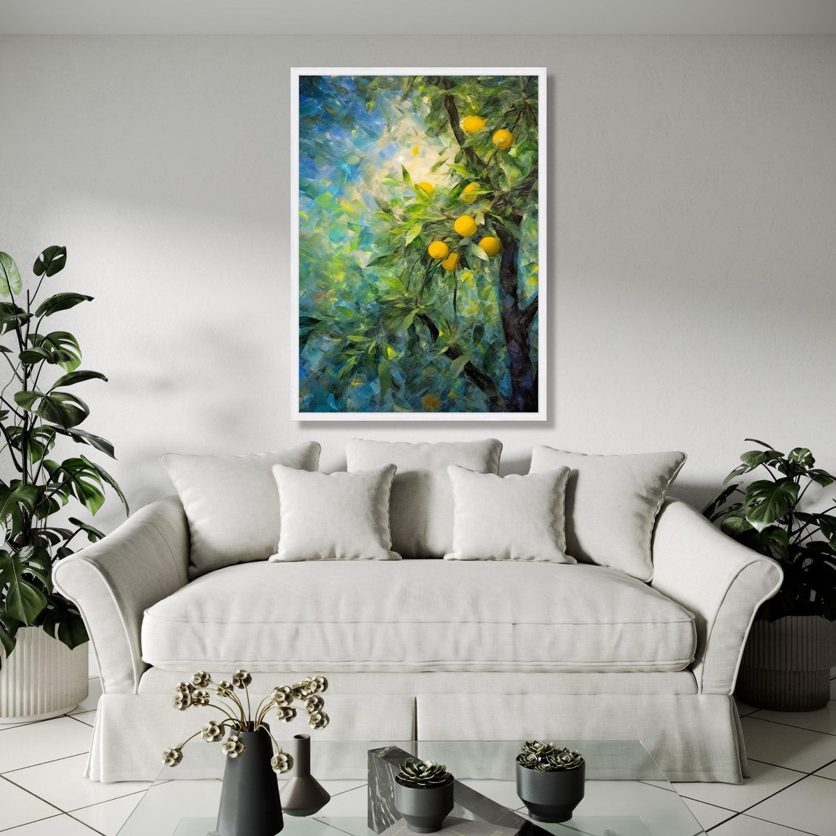 Sunlit Lemon Tree Branch Canvas, Bright Yellow Fruit Wall Art, Nature Inspired Home Decor, Vibrant Garden Scene Gift Art, Home Decor, Print