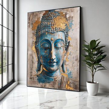 Serene Blue Buddha Face Canvas Wall Art, Gold Accent Spiritual Meditation Decoration, Zen Home Decor, Gift Art, Home Decor, Print