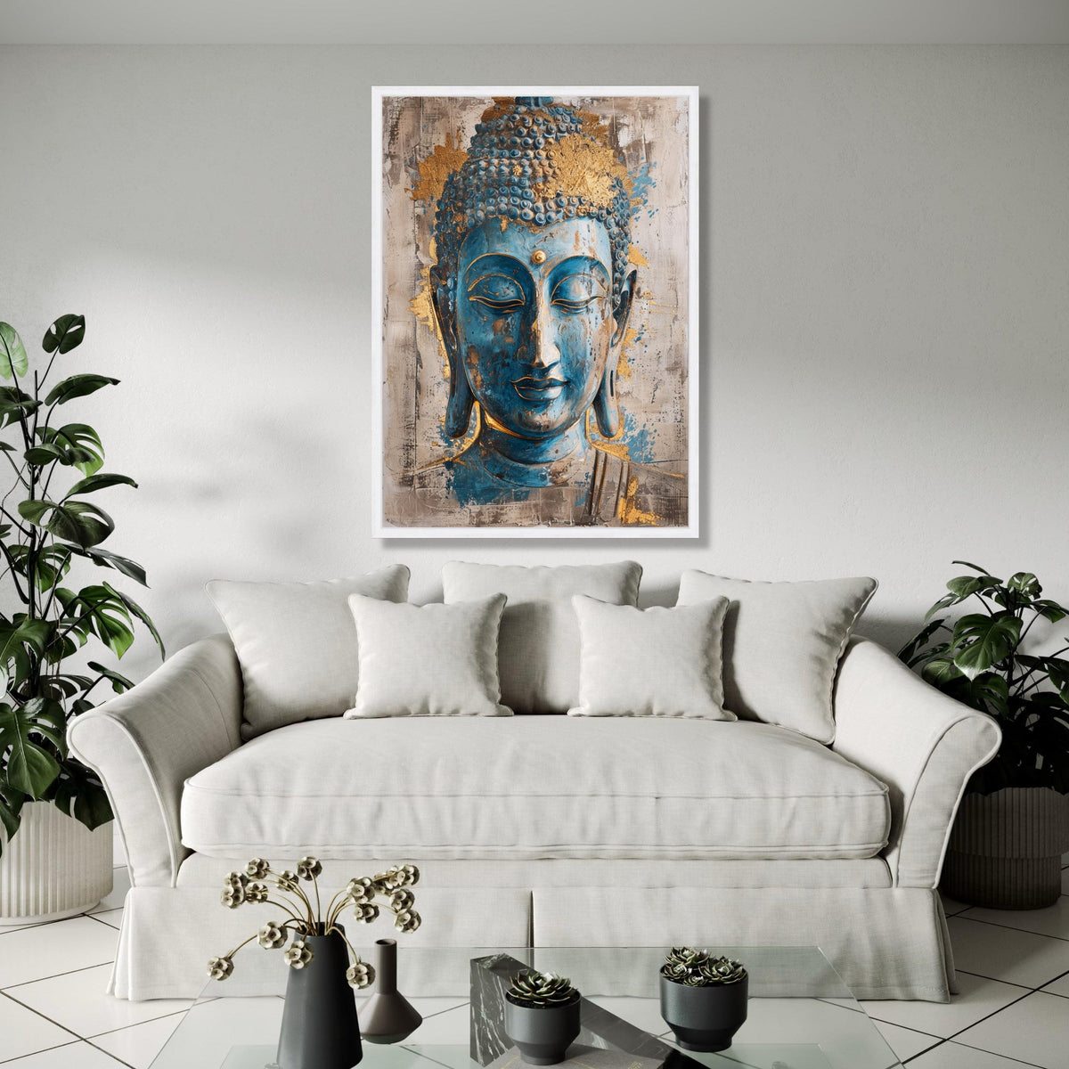 Serene Blue Buddha Face Canvas Wall Art, Gold Accent Spiritual Meditation Decoration, Zen Home Decor, Gift Art, Home Decor, Print
