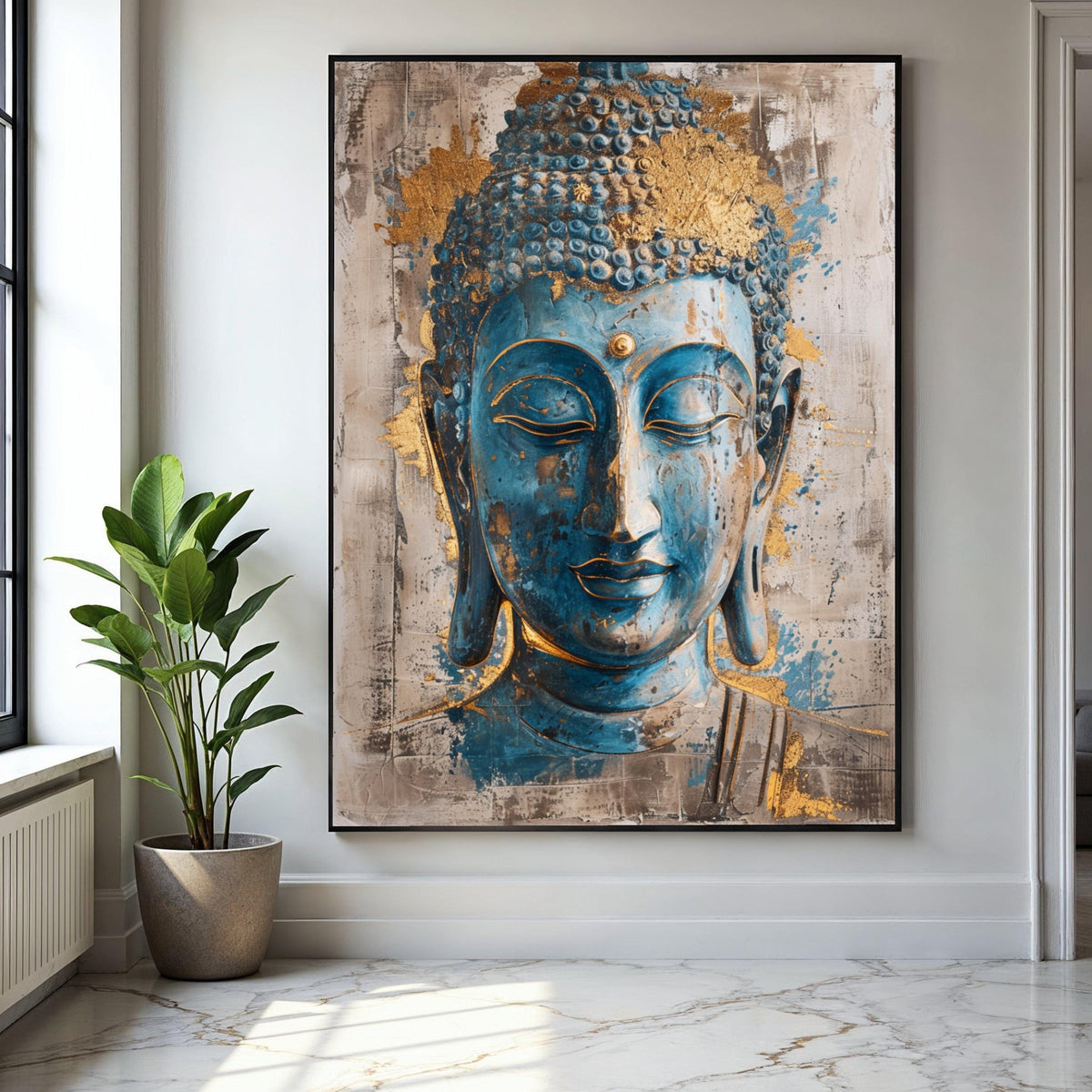 Serene Blue Buddha Face Canvas Wall Art, Gold Accent Spiritual Meditation Decoration, Zen Home Decor, Gift Art, Home Decor, Print