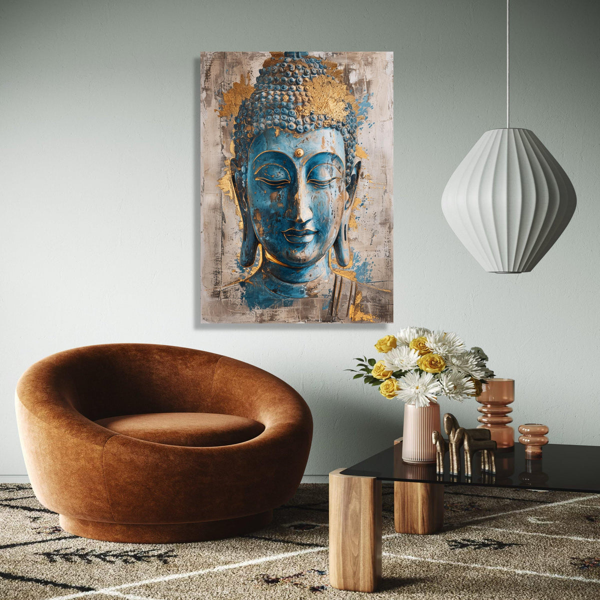 Serene Blue Buddha Face Canvas Wall Art, Gold Accent Spiritual Meditation Decoration, Zen Home Decor, Gift Art, Home Decor, Print