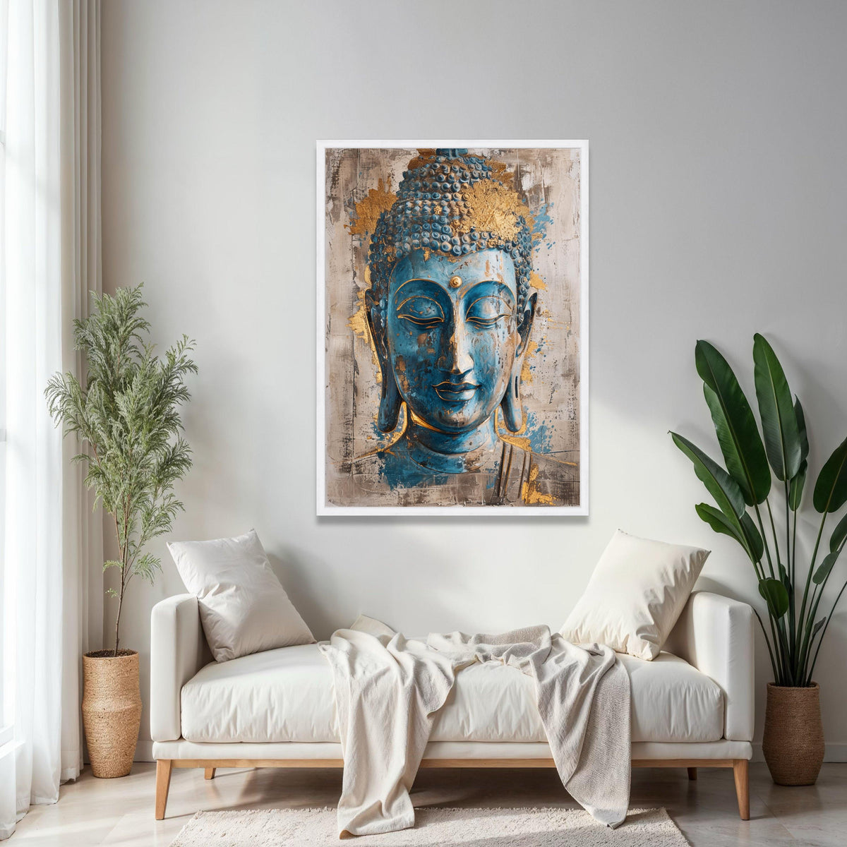 Serene Blue Buddha Face Canvas Wall Art, Gold Accent Spiritual Meditation Decoration, Zen Home Decor, Gift Art, Home Decor, Print