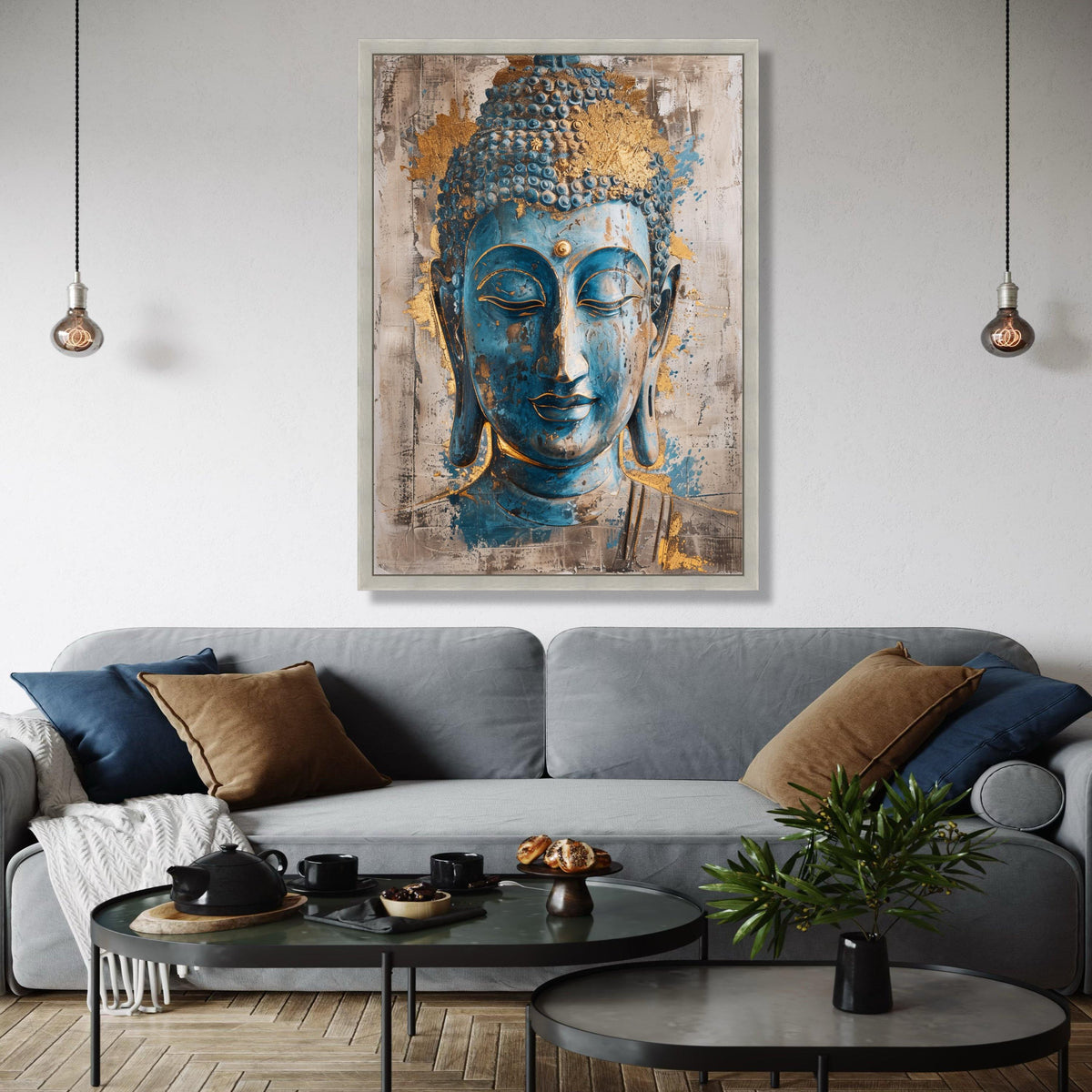 Serene Blue Buddha Face Canvas Wall Art, Gold Accent Spiritual Meditation Decoration, Zen Home Decor, Gift Art, Home Decor, Print