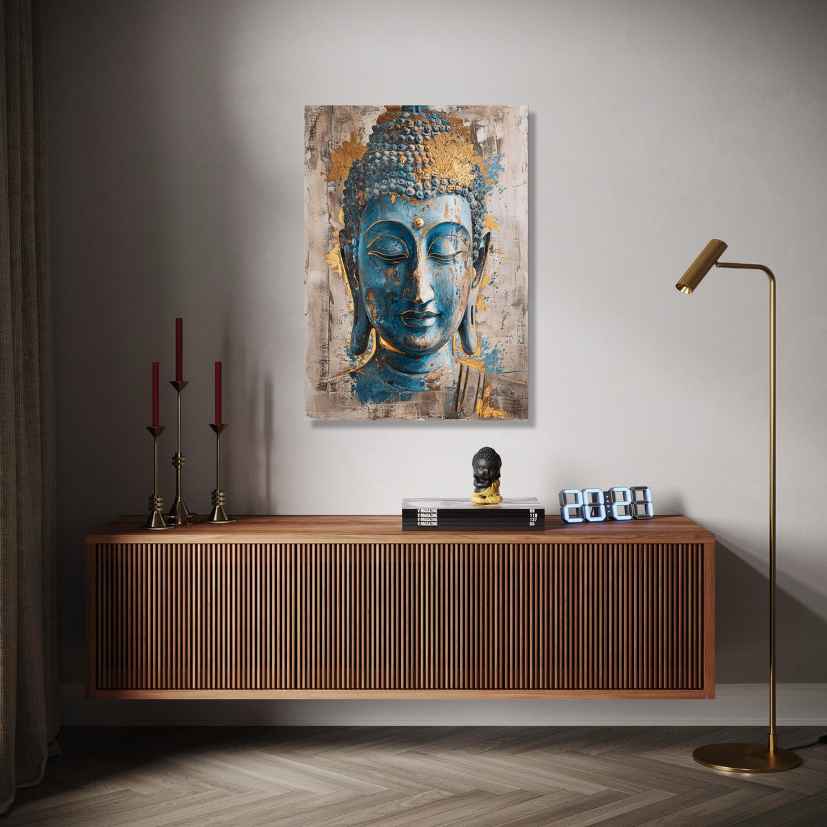 Serene Blue Buddha Face Canvas Wall Art, Gold Accent Spiritual Meditation Decoration, Zen Home Decor, Gift Art, Home Decor, Print