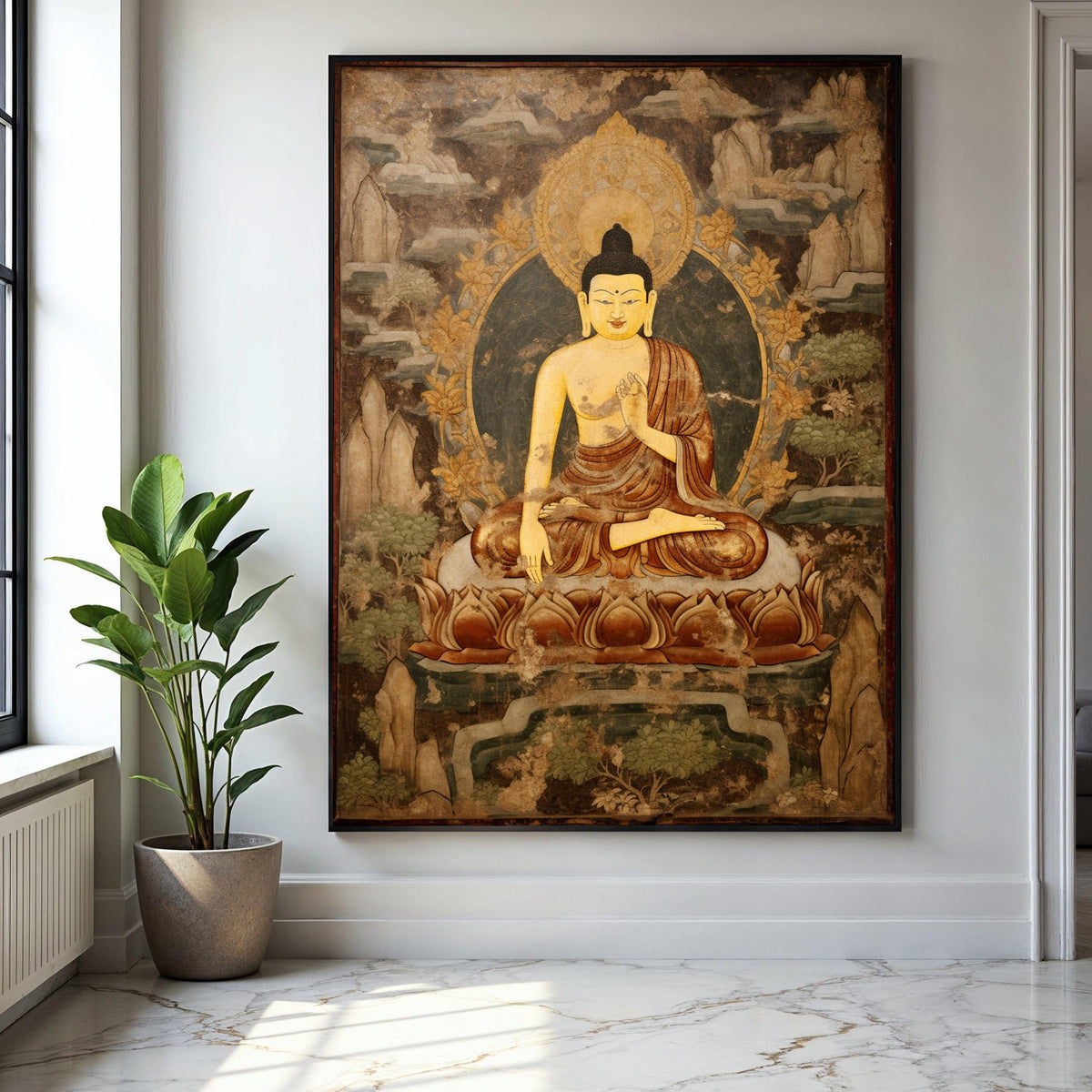 Vintage Buddha Meditation Canvas, Spiritual Wall Art, Zen Home Decor, Lotus Pose Artwork, Tranquil Buddhist Gift Art, Home Decor, Print