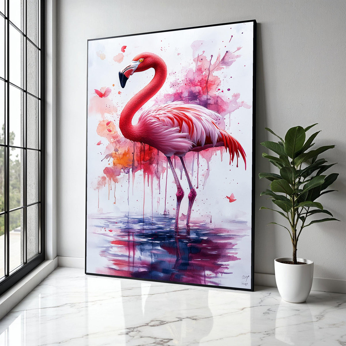 Vibrant Flamingo Watercolor Canvas, Pink Bird Wall Art, Abstract Nature Painting, Tropical Wildlife Decor, Gift Art, Home Decor, Print