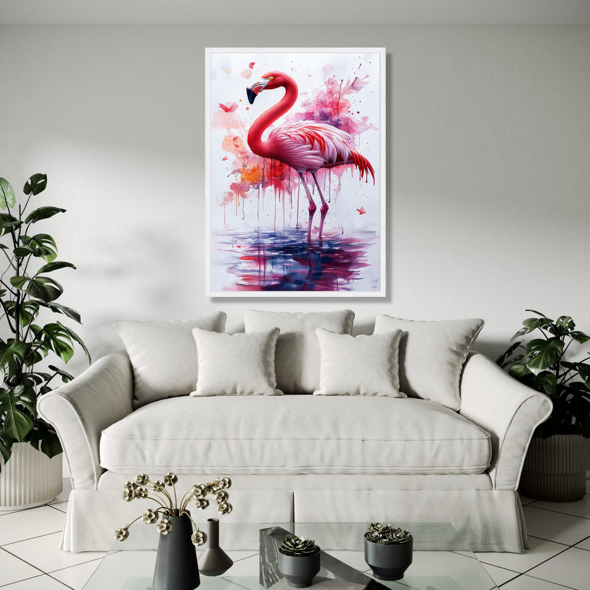 Vibrant Flamingo Watercolor Canvas, Pink Bird Wall Art, Abstract Nature Painting, Tropical Wildlife Decor, Gift Art, Home Decor, Print