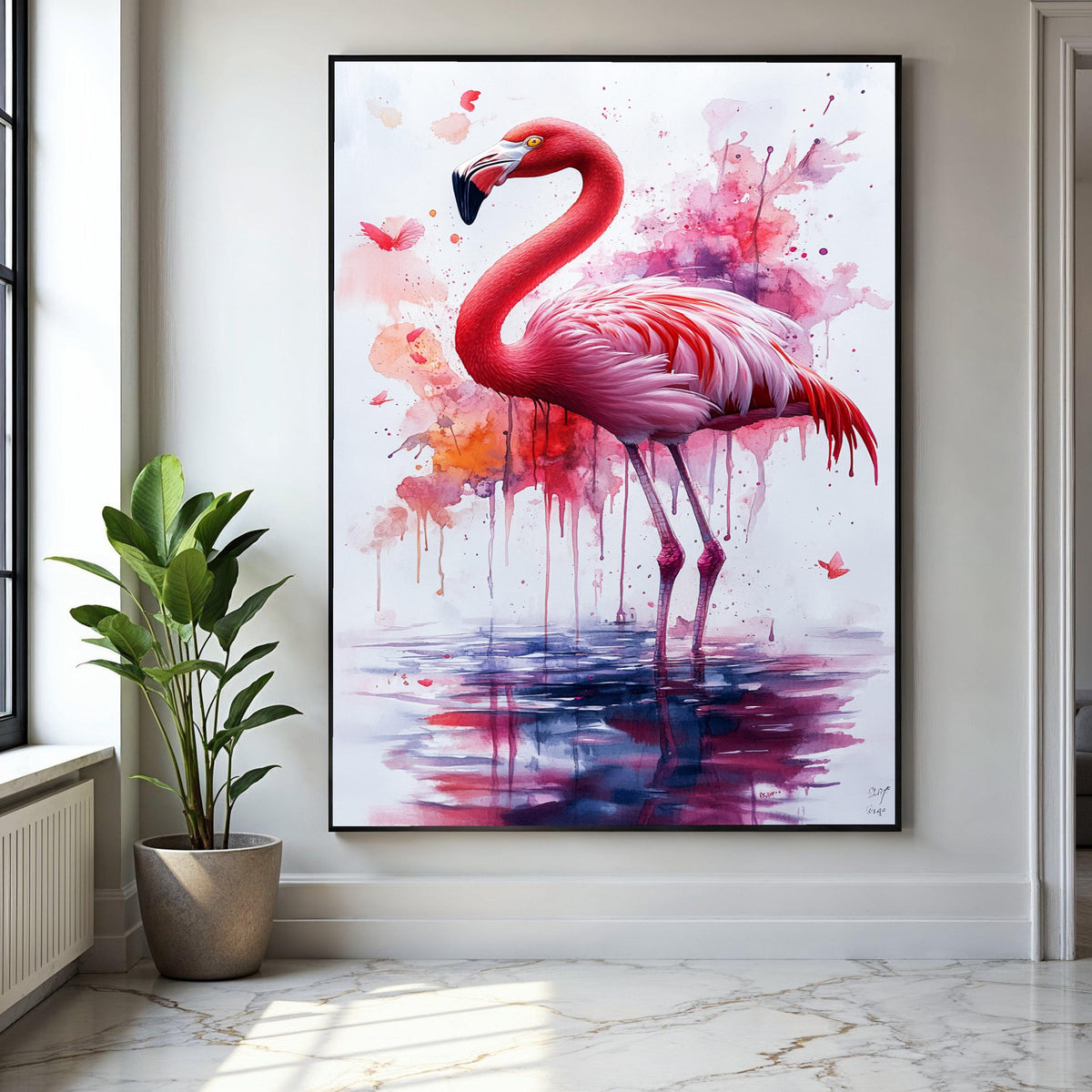 Vibrant Flamingo Watercolor Canvas, Pink Bird Wall Art, Abstract Nature Painting, Tropical Wildlife Decor, Gift Art, Home Decor, Print