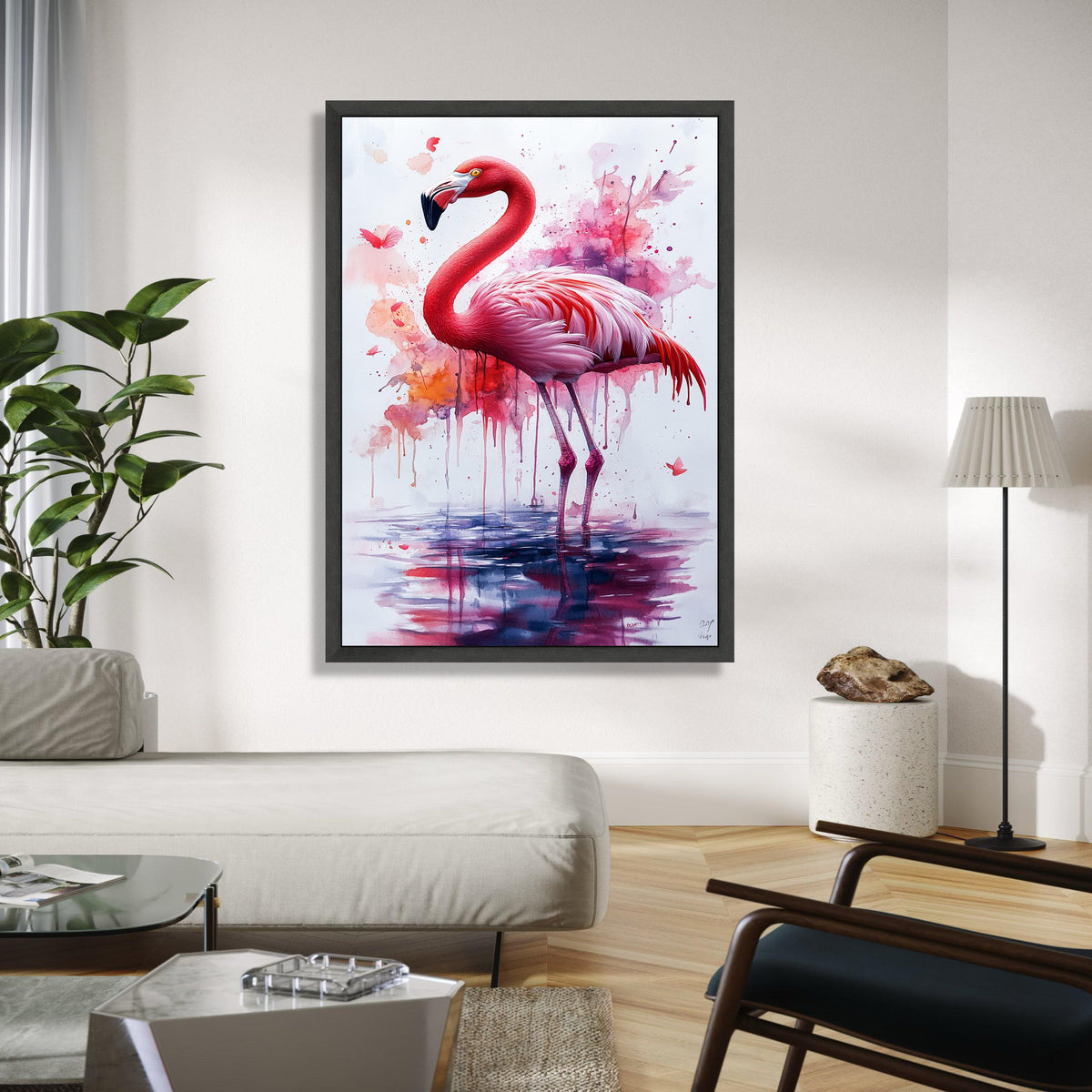 Vibrant Flamingo Watercolor Canvas, Pink Bird Wall Art, Abstract Nature Painting, Tropical Wildlife Decor, Gift Art, Home Decor, Print