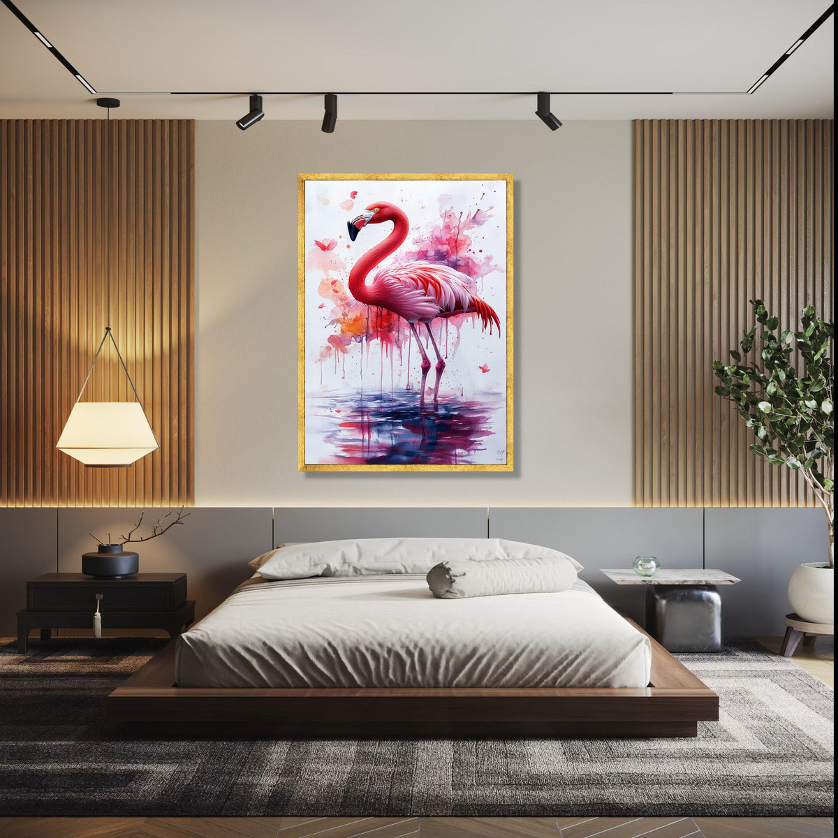 Vibrant Flamingo Watercolor Canvas, Pink Bird Wall Art, Abstract Nature Painting, Tropical Wildlife Decor, Gift Art, Home Decor, Print