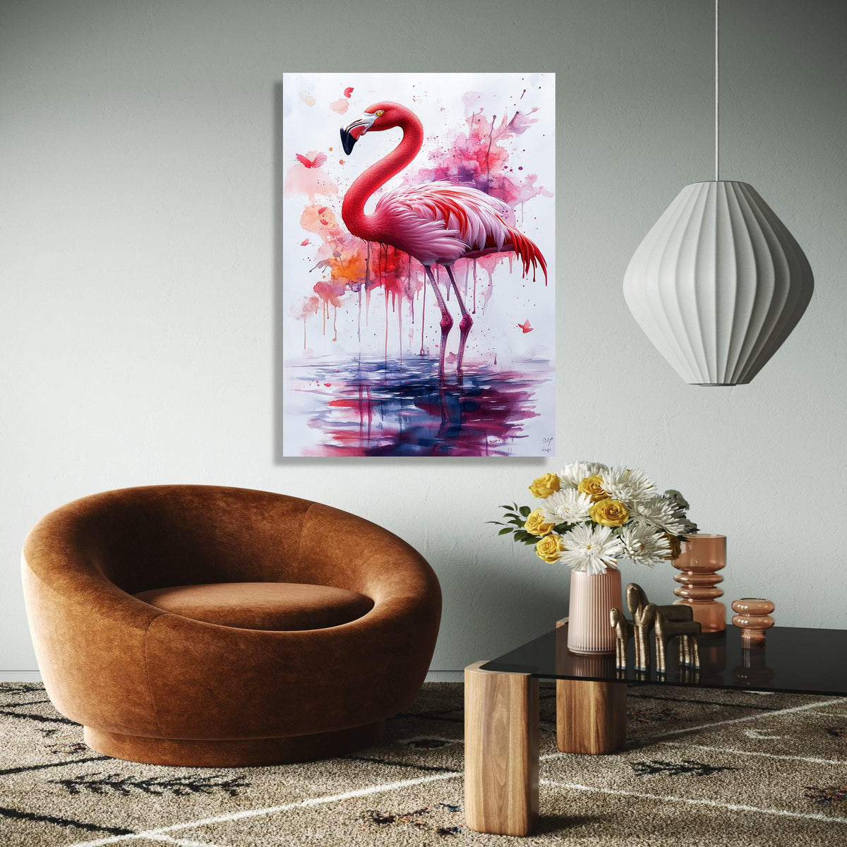 Vibrant Flamingo Watercolor Canvas, Pink Bird Wall Art, Abstract Nature Painting, Tropical Wildlife Decor, Gift Art, Home Decor, Print