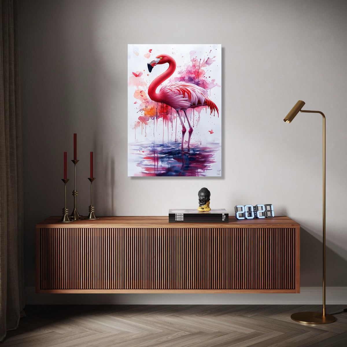 Vibrant Flamingo Watercolor Canvas, Pink Bird Wall Art, Abstract Nature Painting, Tropical Wildlife Decor, Gift Art, Home Decor, Print