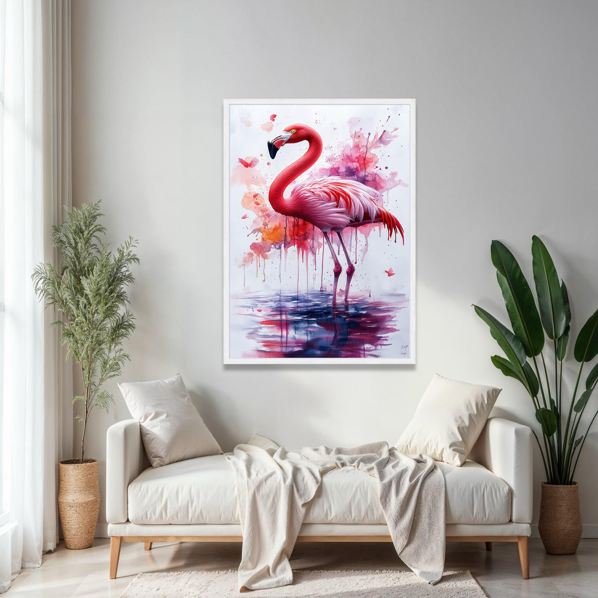 Vibrant Flamingo Watercolor Canvas, Pink Bird Wall Art, Abstract Nature Painting, Tropical Wildlife Decor, Gift Art, Home Decor, Print