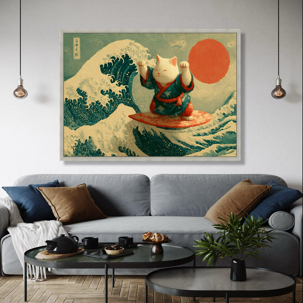 Maneki Neko Surfing Canvas, Japanese Wave Art, Lucky Cat Wall Art, Red Sun Home Decor, Asian Inspired Canvas Gift Art, Home Decor, Print