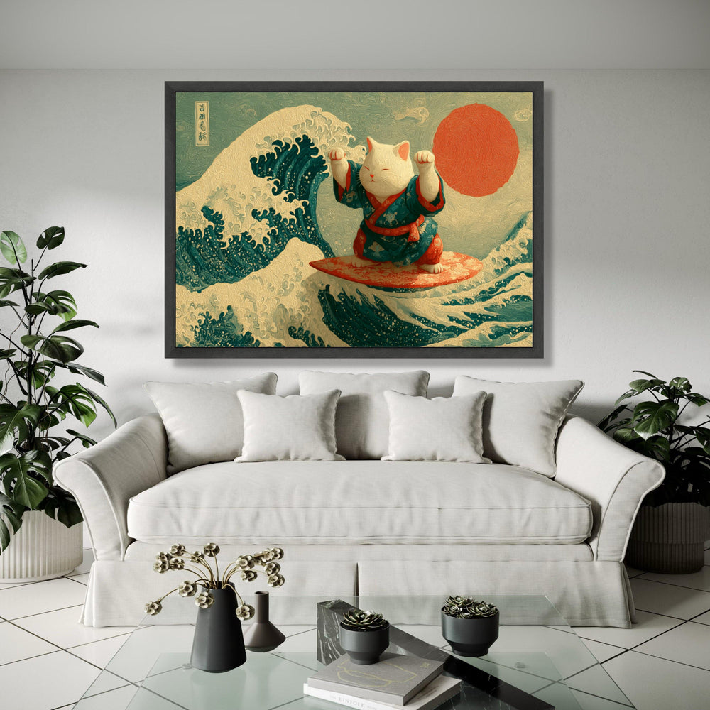 Maneki Neko Surfing Canvas, Japanese Wave Art, Lucky Cat Wall Art, Red Sun Home Decor, Asian Inspired Canvas Gift Art, Home Decor, Print