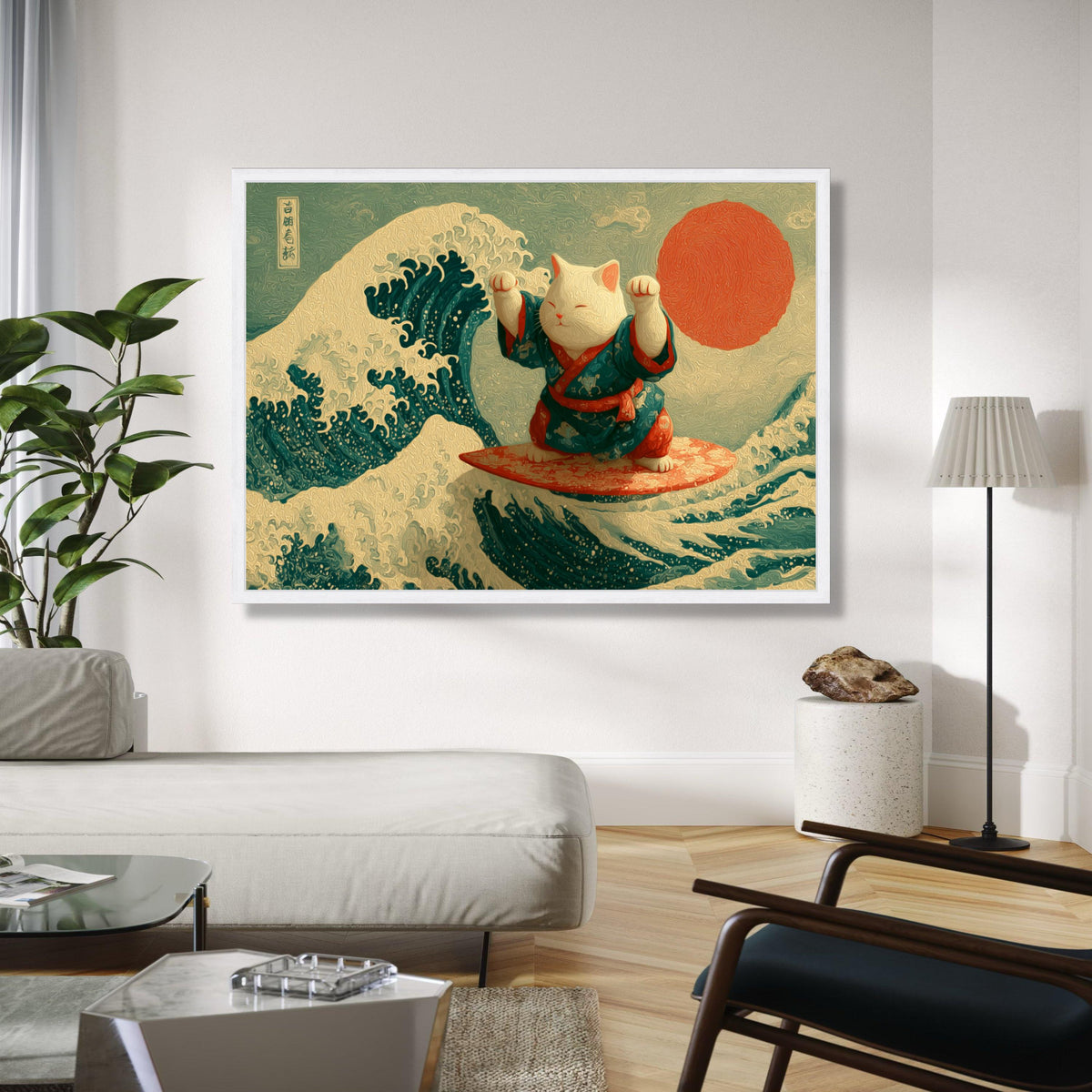 Maneki Neko Surfing Canvas, Japanese Wave Art, Lucky Cat Wall Art, Red Sun Home Decor, Asian Inspired Canvas Gift Art, Home Decor, Print