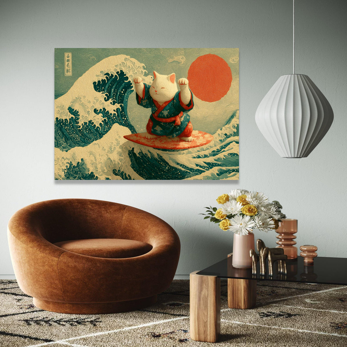 Maneki Neko Surfing Canvas, Japanese Wave Art, Lucky Cat Wall Art, Red Sun Home Decor, Asian Inspired Canvas Gift Art, Home Decor, Print