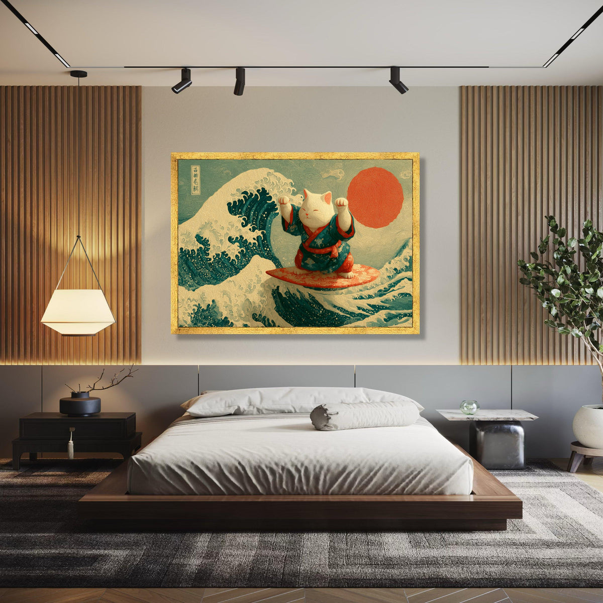 Maneki Neko Surfing Canvas, Japanese Wave Art, Lucky Cat Wall Art, Red Sun Home Decor, Asian Inspired Canvas Gift Art, Home Decor, Print