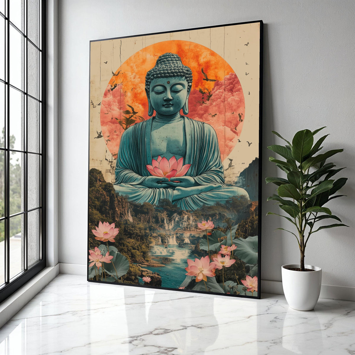 Serene Buddha Meditation Canvas, Lotus Flower Wall Art, Spiritual Zen Decor, Tranquil Landscape Painting, Asian Gift Art, Home Decor, Print