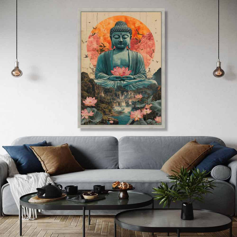 Serene Buddha Meditation Canvas, Lotus Flower Wall Art, Spiritual Zen Decor, Tranquil Landscape Painting, Asian Gift Art, Home Decor, Print