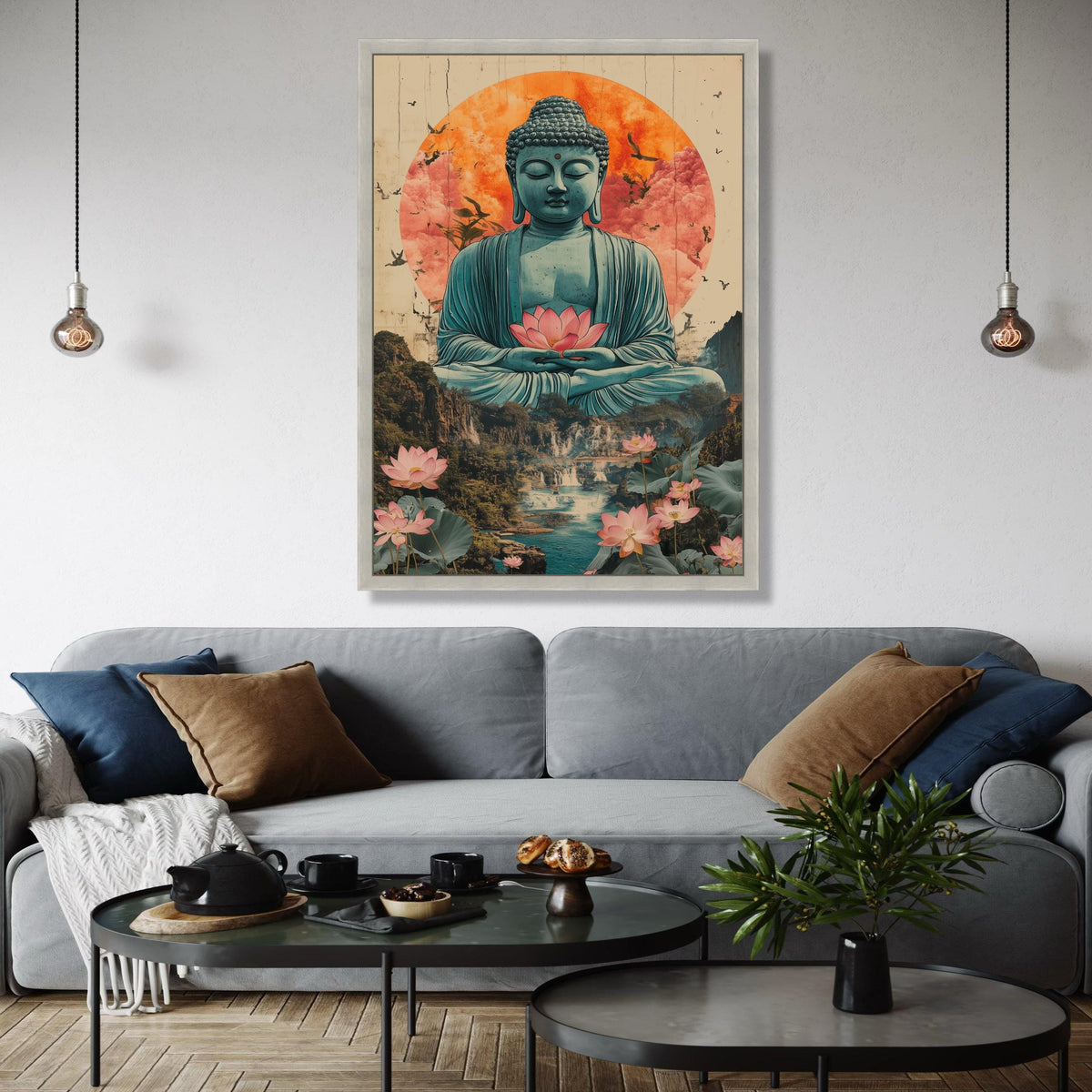Serene Buddha Meditation Canvas, Lotus Flower Wall Art, Spiritual Zen Decor, Tranquil Landscape Painting, Asian Gift Art, Home Decor, Print
