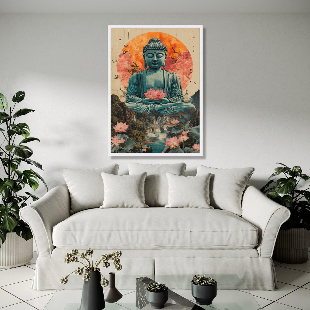 Serene Buddha Meditation Canvas, Lotus Flower Wall Art, Spiritual Zen Decor, Tranquil Landscape Painting, Asian Gift Art, Home Decor, Print