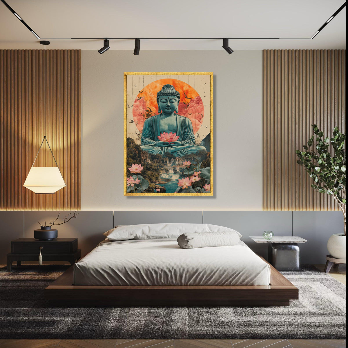 Serene Buddha Meditation Canvas, Lotus Flower Wall Art, Spiritual Zen Decor, Tranquil Landscape Painting, Asian Gift Art, Home Decor, Print