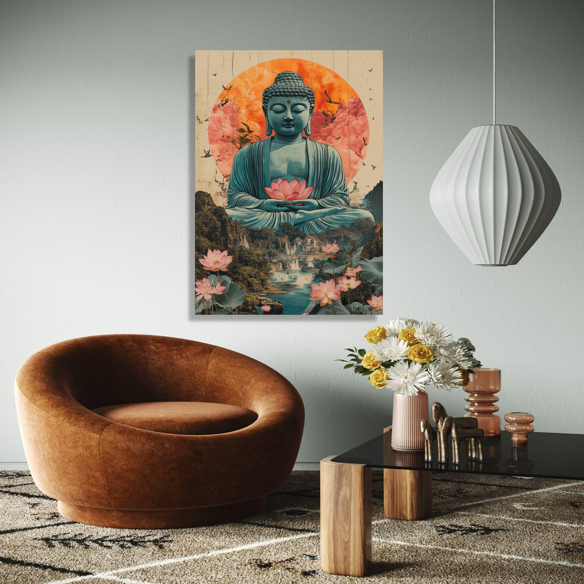 Serene Buddha Meditation Canvas, Lotus Flower Wall Art, Spiritual Zen Decor, Tranquil Landscape Painting, Asian Gift Art, Home Decor, Print