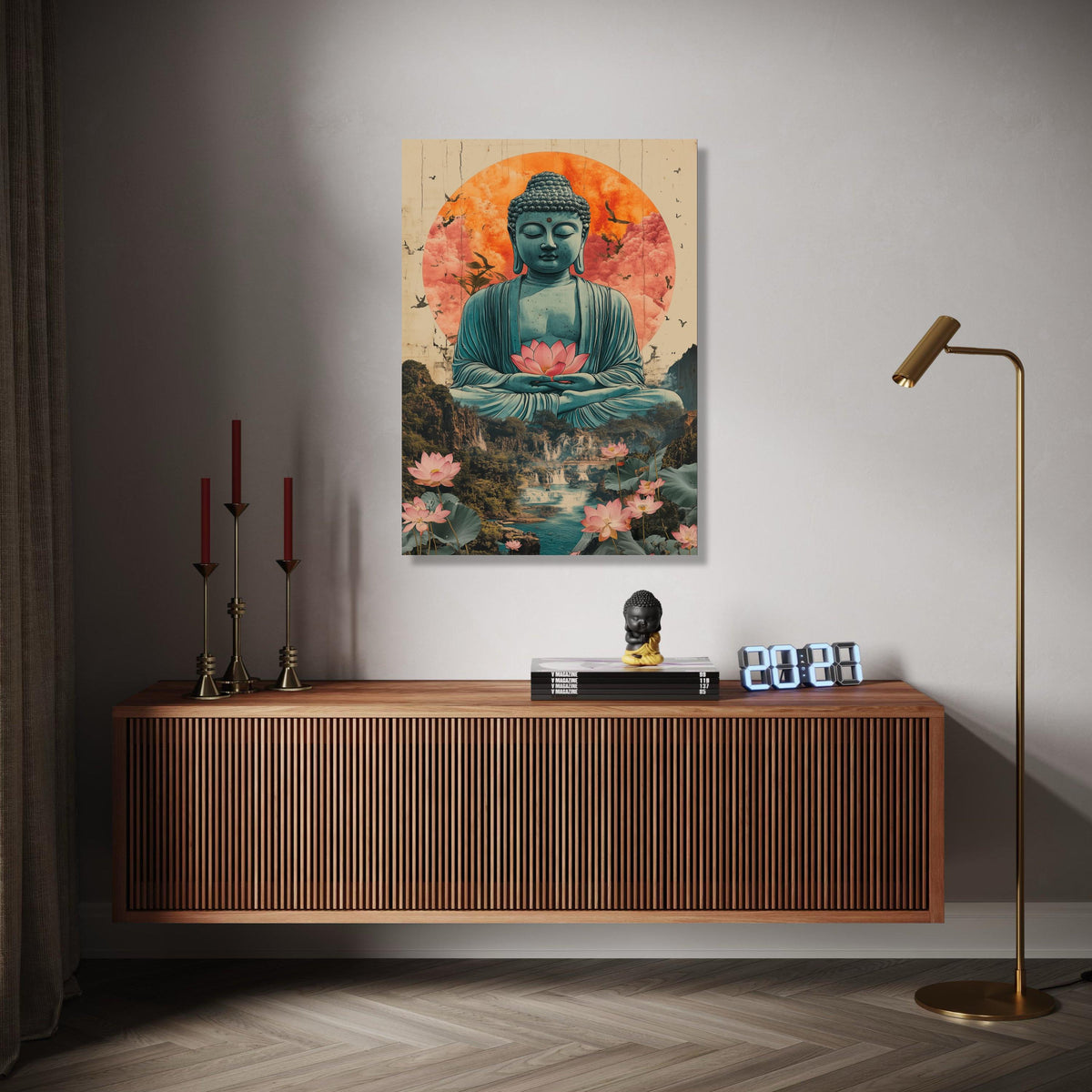 Serene Buddha Meditation Canvas, Lotus Flower Wall Art, Spiritual Zen Decor, Tranquil Landscape Painting, Asian Gift Art, Home Decor, Print