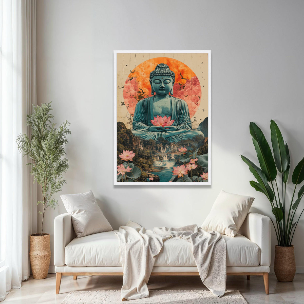 Serene Buddha Meditation Canvas, Lotus Flower Wall Art, Spiritual Zen Decor, Tranquil Landscape Painting, Asian Gift Art, Home Decor, Print