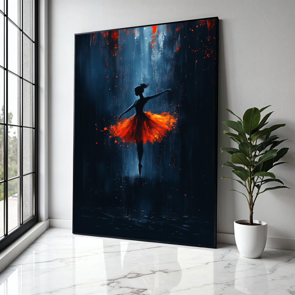 Graceful Ballerina Silhouette, Fiery Orange Tutu Canvas, Modern Dance Wall Art, Abstract Ballet Painting, Home Gift Art, Home Decor, Print