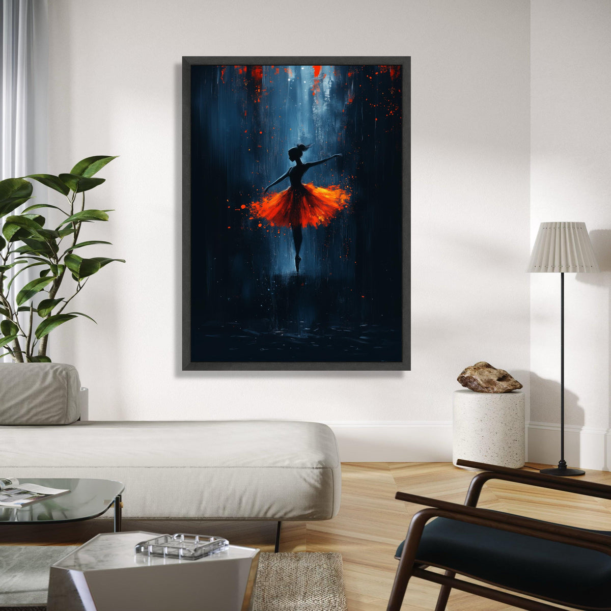 Graceful Ballerina Silhouette, Fiery Orange Tutu Canvas, Modern Dance Wall Art, Abstract Ballet Painting, Home Gift Art, Home Decor, Print