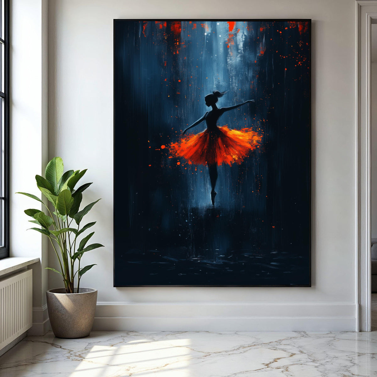 Graceful Ballerina Silhouette, Fiery Orange Tutu Canvas, Modern Dance Wall Art, Abstract Ballet Painting, Home Gift Art, Home Decor, Print