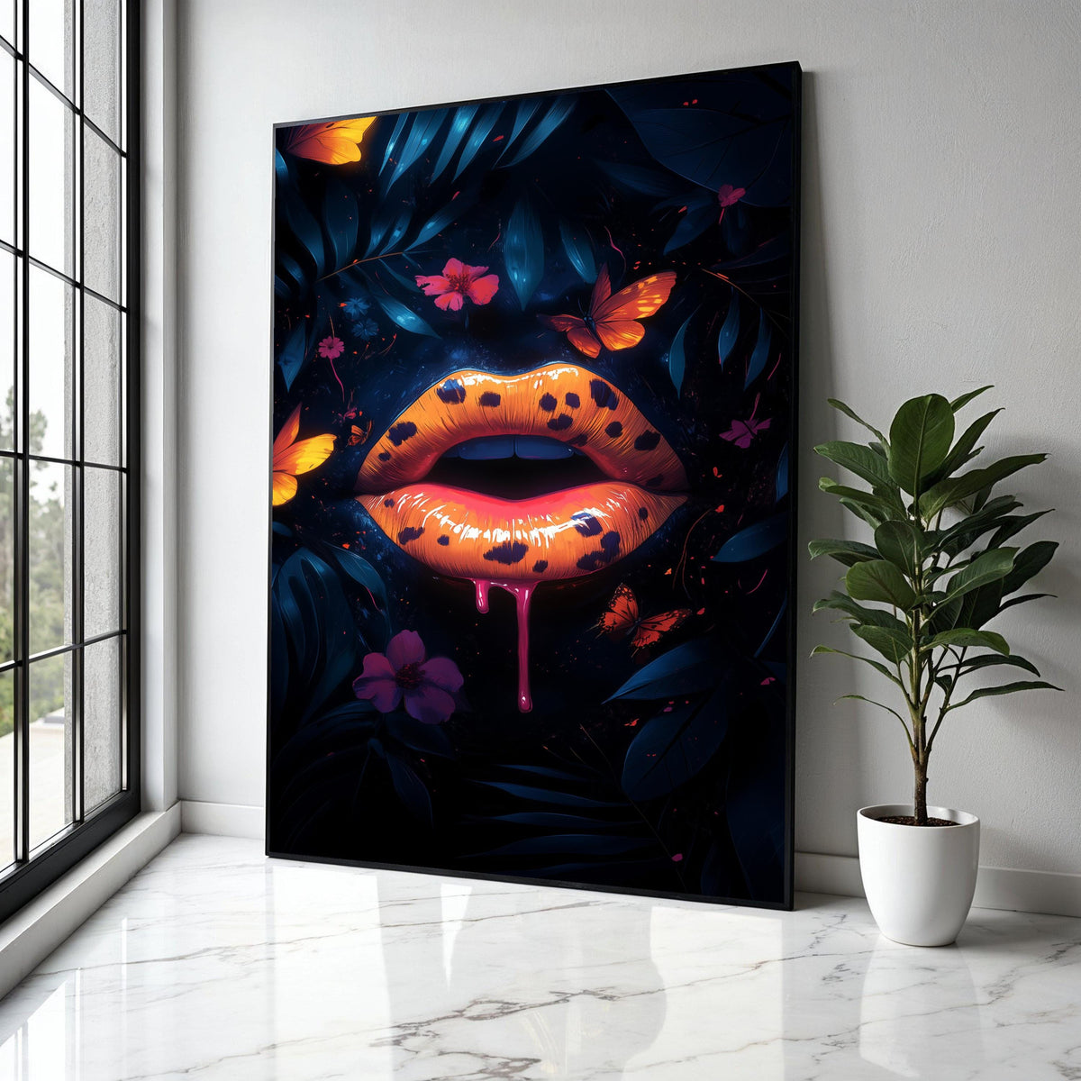 Bold Leopard Print Lips Canvas, Neon Orange Lip Art, Butterfly Floral Wall Decor, Dark Botanical Canvas, Modern Gift Art, Home Decor, Print