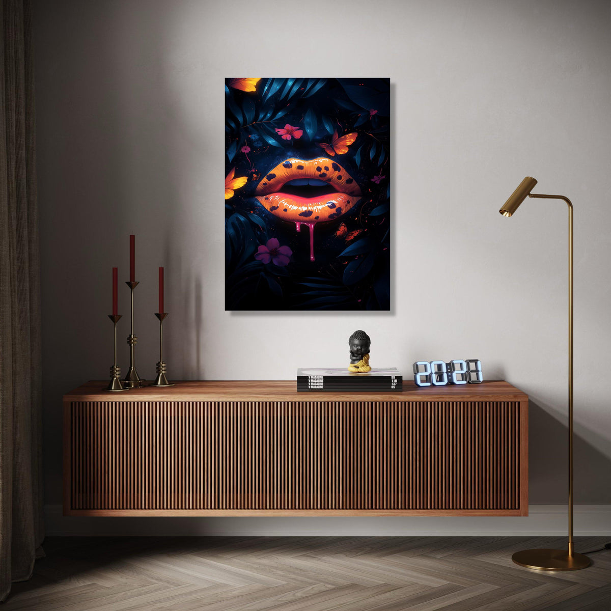 Bold Leopard Print Lips Canvas, Neon Orange Lip Art, Butterfly Floral Wall Decor, Dark Botanical Canvas, Modern Gift Art, Home Decor, Print