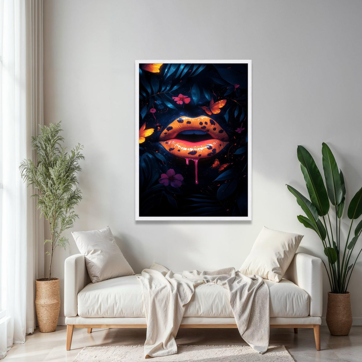 Bold Leopard Print Lips Canvas, Neon Orange Lip Art, Butterfly Floral Wall Decor, Dark Botanical Canvas, Modern Gift Art, Home Decor, Print
