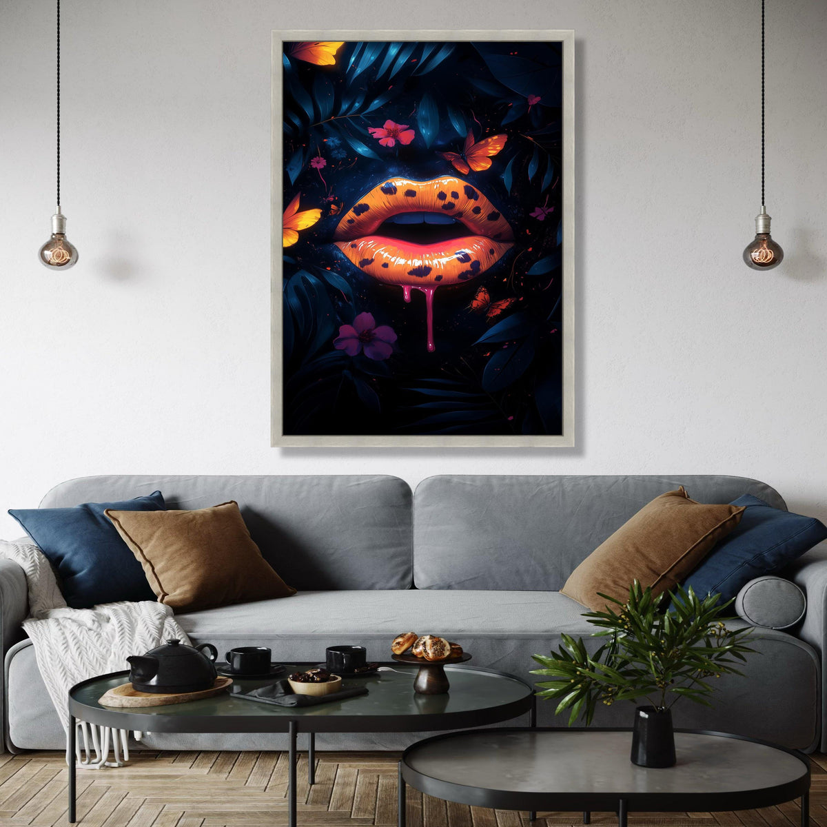 Bold Leopard Print Lips Canvas, Neon Orange Lip Art, Butterfly Floral Wall Decor, Dark Botanical Canvas, Modern Gift Art, Home Decor, Print