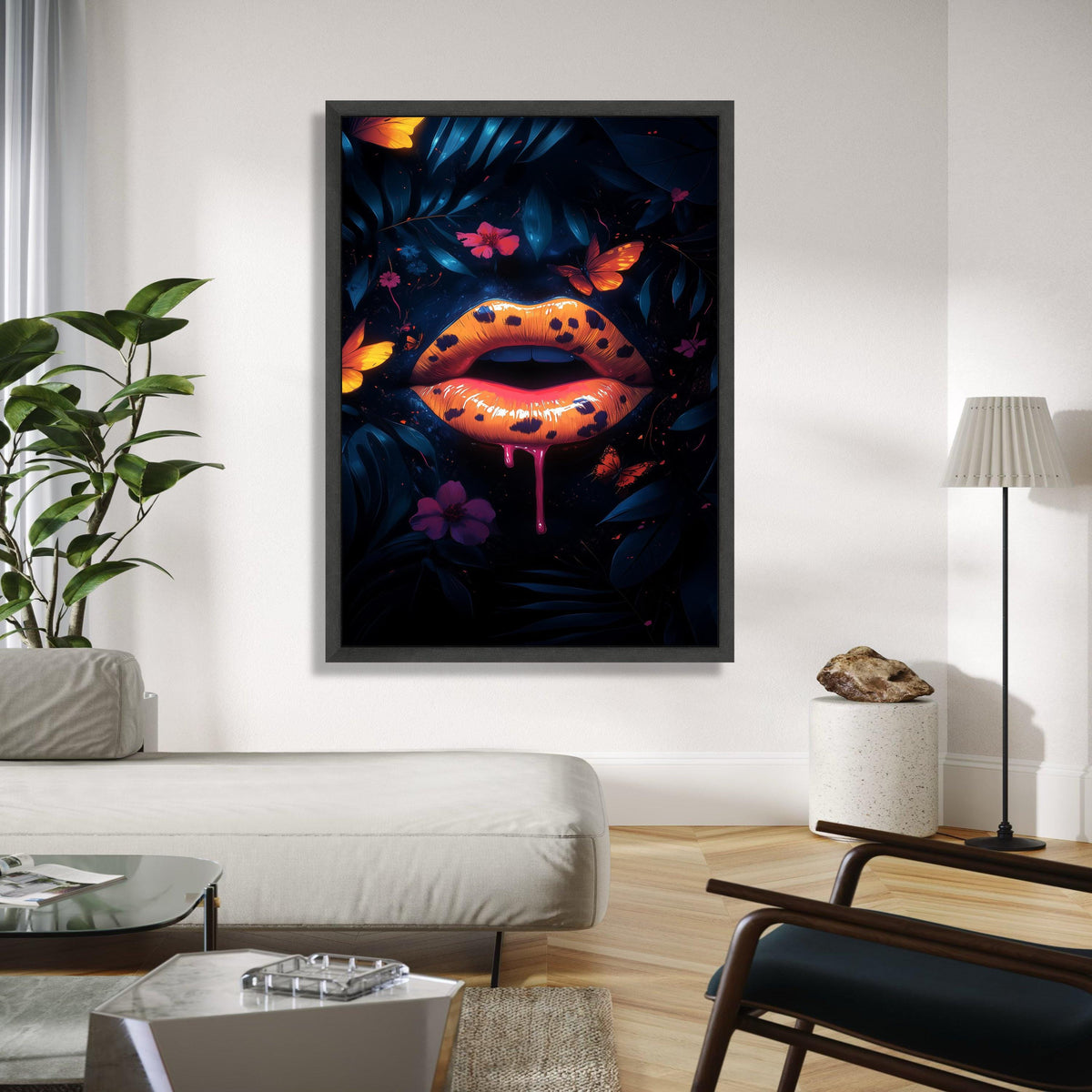 Bold Leopard Print Lips Canvas, Neon Orange Lip Art, Butterfly Floral Wall Decor, Dark Botanical Canvas, Modern Gift Art, Home Decor, Print